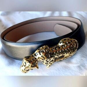 Chicos Womans Black Leather Belt 4 Feet Gold Tone Leopard Punch Clasp